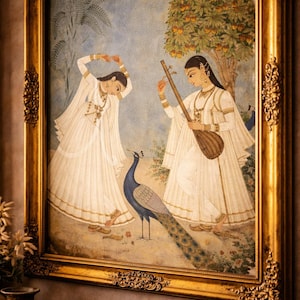 Indian Miniature Peacock Dance Wall Art Print | Antique Style Mughal Painting | White Lehenga Women Artwork | Luxury Bedroom Decor image 4