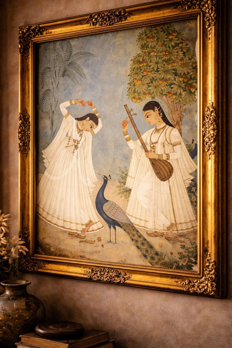 Indian Miniature Peacock Dance Wall Art Print | Antique Style Mughal Painting | White Lehenga Women Artwork | Luxury Bedroom Decor image 4