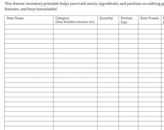 Freezer Inventory Printable | Freezer Organization Tracker |  Digital Download