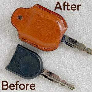 May include: An image showing two car keys, one with a brown leather key fob and the other with a black key fob. The text "After" is above the brown key and "Before" is below the black key.