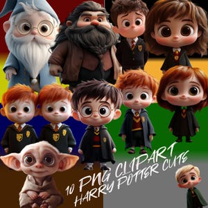 Puede incluir: Una colección de 10 imágenes prediseñadas PNG con personajes lindos y de estilo caricaturesco de la serie Harry Potter. Los personajes incluyen a Harry, Ron, Hermione, Dumbledore, Hagrid y otros, todos en un estilo caprichoso y animado. El texto "10 PNG CLIPART CUTE HARRY POTTER CUTE" es visible.