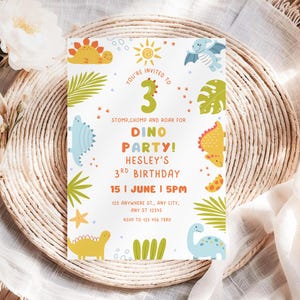 Dinosaur Birthday Party Invitation, Dinosaur 3rd Birthday Invite, Dinosaur Invite 3, Editable Canva Template (Digital Download) DS_BI1