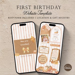 Puede incluir: Dos teléfonos inteligentes que muestran una plantilla de sitio web para un primer cumpleaños con temática otoñal. Las pantallas presentan fondos a rayas, un sobre con el texto You are invited y secciones para RSVP y regalos.