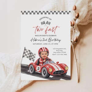 May include: A birthday invitation card featuring a red race car with a child wearing a red helmet and racing suit. The text reads Growing Up Two Fast, Race on over to celebrate Hebron's 2nd Birthday, Saturday, June 15, at 4pm, 123 Anywhere St.