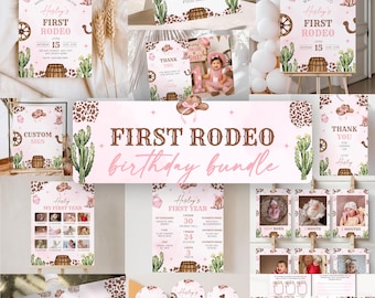 May include: A First Rodeo birthday party stationery bundle featuring pink and brown western-themed graphics including cowboy hats, cacti, barrels, and leopard print patterns. The collection includes invitations, signs, milestone boards, and games.