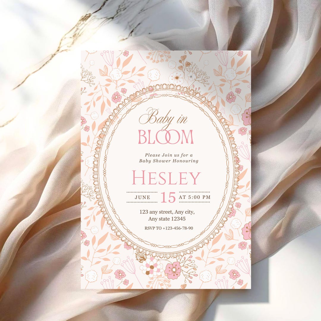 Spring Invitations Bloom Baby in Bloom Wildflower Baby Shower Invitation Girl , Editable Pink ...