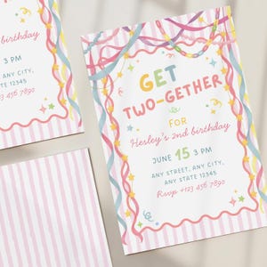 May include: A rectangular birthday invitation card featuring a light pink and white vertical striped background. The border is decorated with colorful ribbons, stars, and confetti. The text reads: GET TWO-GETHER FOR Hesley's 2nd birthday JUNE 15 3 PM.
