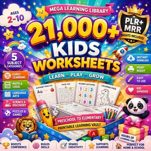Pode incluir: Um gráfico colorido que promove uma biblioteca de aprendizagem infantil com o texto "21.000+ Fichas de trabalho para crianças". A imagem inclui folhas de trabalho, um lápis, um panda e um leão. O produto é para crianças de 2 a 10 anos.