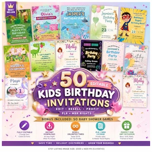 May include: A collection of 50 editable kids birthday invitation templates featuring various colorful themes like jungle, mermaid, superhero, and gaming. The central graphic displays the text 50 EDITABLE KIDS BIRTHDAY INVITATIONS with icons below.