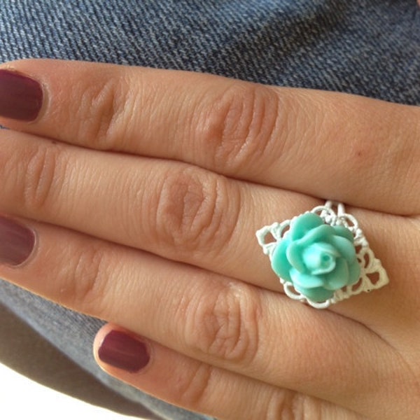 CUTE white ring with light teal rose, adjustable, shabby chic