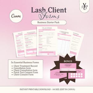 Könnte beinhalten: Ein Business-Starterpaket mit rosa und weißen Formularen für Wimpernkunden. Die Formulare umfassen Kundenbehandlungsaufzeichnungen, Beratungsformulare und Einverständniserklärungen. Eine Bonus-Terminerinnerungskarte und eine Nachsorgekarte sind ebenfalls enthalten.