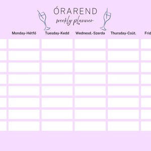 May include: A lilac weekly planner with the text "ÓRAREND weekly planner". The planner features a grid for each day of the week, with time slots from 8:00 to 15:00. Decorative illustrations of a watermelon, pineapple, and cocktails are included.