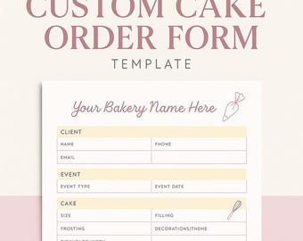 Peut inclure: Un modèle de formulaire de commande de gâteau personnalisable imprimable, aux couleurs rose clair et crème. Le formulaire comprend des sections pour les informations du client, les détails de l'événement, les spécifications du gâteau et les prix.