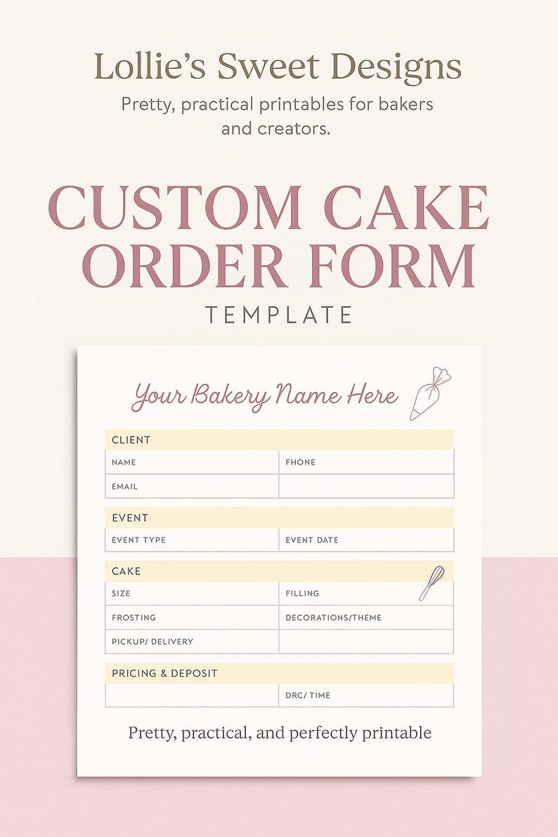 Custom Cake Order Form Template | Printable Bakery Order Sheet ...