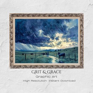 May include: A framed landscape print featuring a dramatic sky with dark blue clouds and a field with horses. The artwork has a silver ornate frame. The text "GRIT & GRACE Graphic Art" is at the bottom, along with "High Resolution Instant Download".