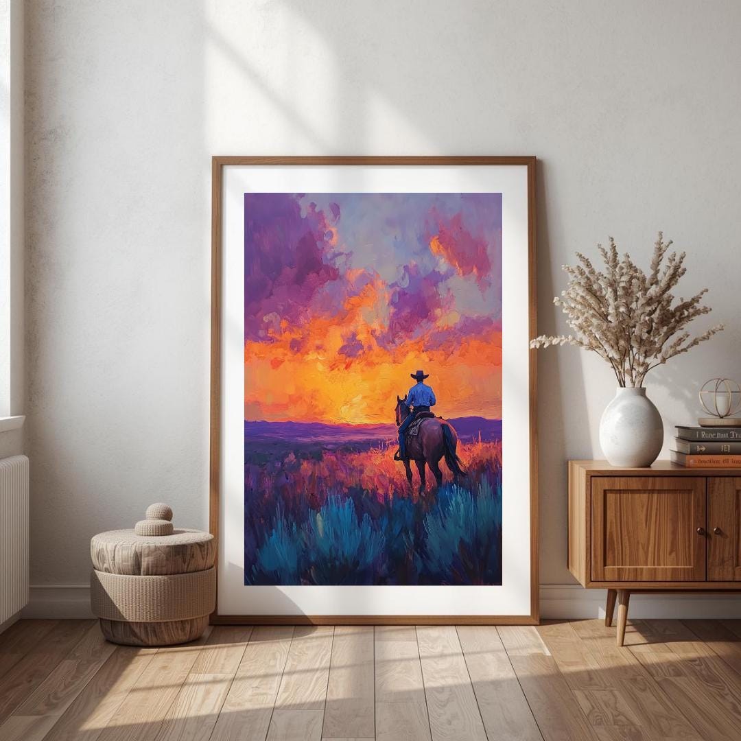 Lone Cowboy Sunset Western Art Print, Impressionist Horse Painting ...