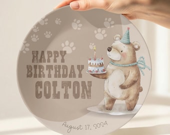 Cute Bear Personalized Boys Birthday Plate for Kids, Beary First Birthday Party Decor Custom Keepsake Gift for Babys First Birthday