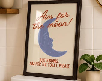 Funny Bathroom Wall Art Print, Retro Moon Cheeky Toilet Wall Art for Guest Bathroom or Powder Room Decor, Vintage Style Celestial Poster