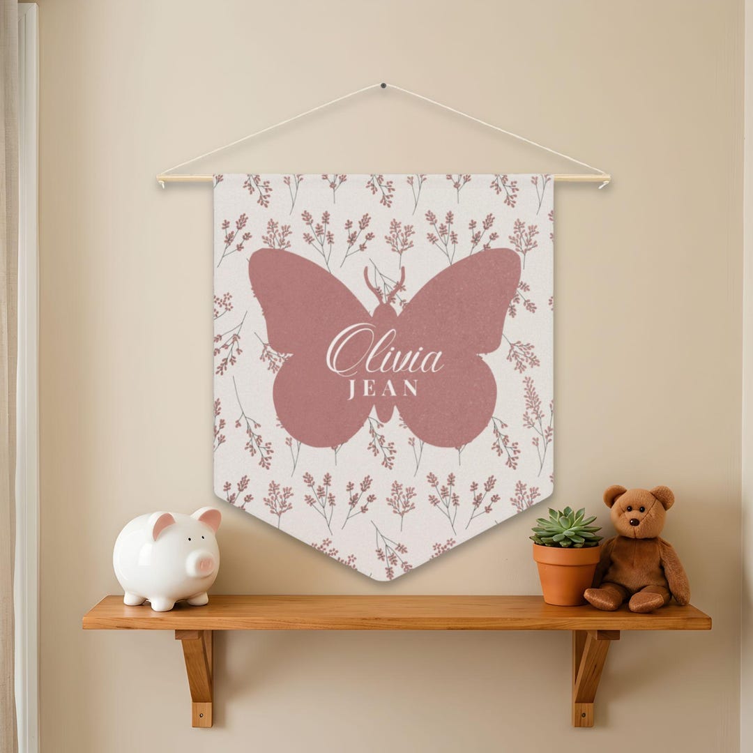 Butterfly Floral Custom Nursery Sign, Personalized Baby Name Pennant ...