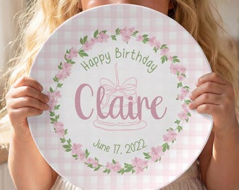 Custom Pink Gingham Birthday Plate, Personalized Floral Toddler Keepsake Name Gift for Child's Birthday Tradition
