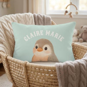 May include: A rectangular throw pillow with a light mint green background featuring a central illustration of a small brown and white bird with a bright orange beak. The name CLAIRE MARIE is printed in white capital letters above the bird.