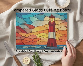 Stained Glass Effect Tempered Glass Lighthouse Sunset Cutting Board, Ocean Charcuterie Board, Unique Kitchenware Beach House Decor