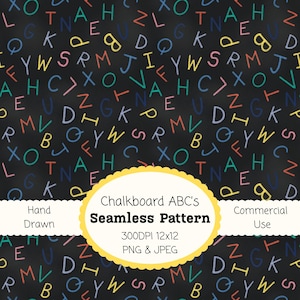 May include: A seamless pattern featuring colorful, hand-drawn letters of the alphabet scattered across a dark chalkboard background. The design includes a yellow oval with the text "Chalkboard ABC's Seamless Pattern".