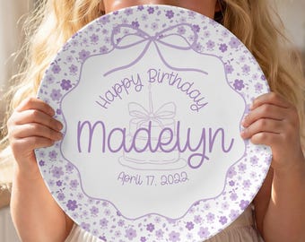 Personalized Purple Flower Birthday Plate, Custom First Birthday Gift Baby Milestone Keepsake Cake Plate Smash Cake Decor for Toddler Girl