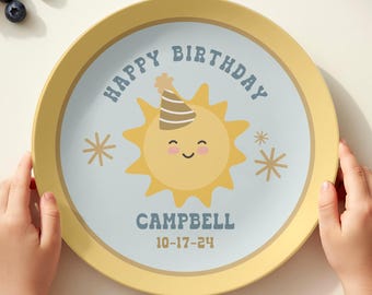 Personalized Sunshine Happy Birthday Plate, Custom 1st Birthday Present for One Year Old Boy, Keepsake Baby Milestone Bday Tradition Gift