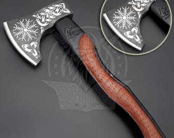 Viking Bearded Camping Axe Berserker Tomahawk W/Sheath Hand-Forged Viking Axe Celtic Engraved Carbon Steel Blade Leather Sheath gift for Him