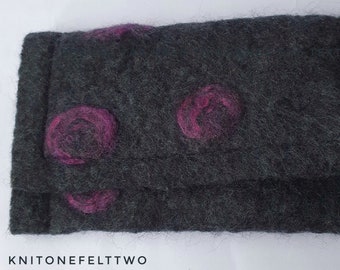 Hand felted grey merino glasses case with purple spirals