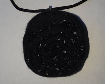 Black Wet Felted pendant with reflective, glow in dark & silver threads on black cord necklace with silver lobster clasp 'Celestial'