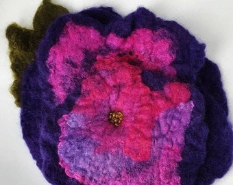 Handfelted Merino Wool and Silk: Dark Purple and pink pansy beaded Corsage Brooch
