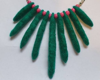 Wet Felted Jade green Merino Wool beads with hot pink lumanescent glass beaded Necklace 'Pop'