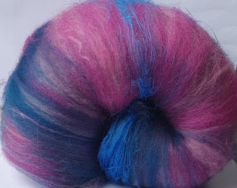 Polwarth, Corriedale and Tussah Silk Art Batt with striking blue linen flax blend for felting or spinning 'Blue Zing' 69g