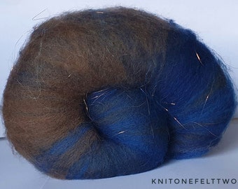 Hand dyed Merino & Alpaca Art Batt in blues to a walnut brown with rose gold colored angelina for felting or spinning 'Ink' 69g