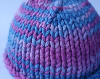 Cute baby knitted Beanie with hand painted soft cotton yarn in blue, lilac & pink