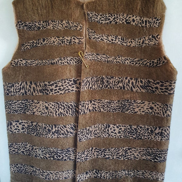 Brown Wet Felted Merino Wool with silk chiffon striped detail Sleeveless Jacket - 'Safari'