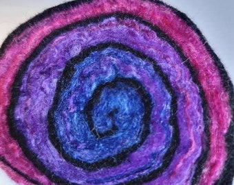 Handfelted blue, purple & pink mulberry silk and wool spiral brooch