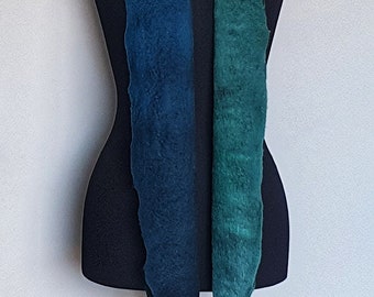 Wet Felted Fine Merino Wool Scarf hand dyed in varying shades of dark blue and green 'Kingfisher'