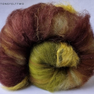 Moss green, brown and yellow Art Batt for felting or spinning, Merino Wool, coopworth, Corriedale, Alpaca and Mulberry Silk &#39;Maits Rest&#39; 85g