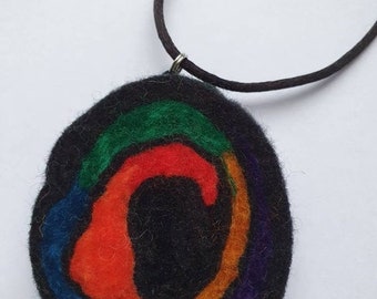 Handfelted merino wool round / oval rainbow spiral pendant on a black satin cord necklace with silver colour lobster clasp