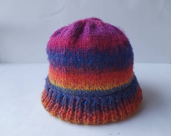 Cute kids fine knit upcycled Beanie - Pink, Blue, Yellow & Red 'Oxford Circus'