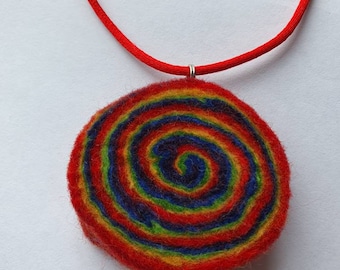 Handfelted Red, Orange, Yellow, Green, Blue and Purple Wool spiral pendant on a red satin cord necklace