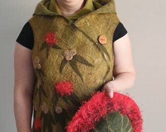 Moss Green and Brown Wet Felted Merino Wool  Sleeveless Jacket depicting Australian flora and fauna - Australiana