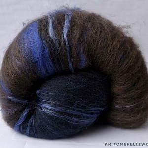 Hand dyed Merino, Polwarth & Alpaca Art Batt in blues, brown and black for felting or spinning &#39;Blue Winged Kookaburra&#39; 79g