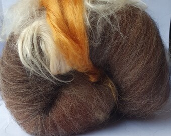 Brown, Gold & Beige Art Batt for felting or spinning, Merino, Corriedale, Moorit, Huacuaya Alpaca, Polwarth, Yak and Eri Silk 'Woodpile' 83g