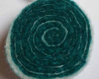 Handfelted Green and subtle White Wool spiral pendant on a jade green satin cord necklace