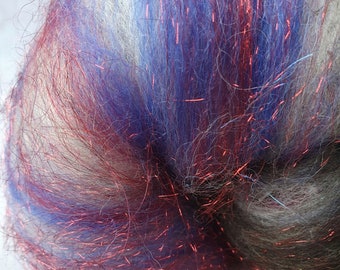 Alpaca, Corriedale, Teeswater and Angelina sparkly Art Batt in red, white & blue for felting or spinning 'Olympic Dream' 90g