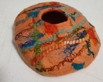 Handfelted striking peach, teal and orange Merino Wool Textural Vessel